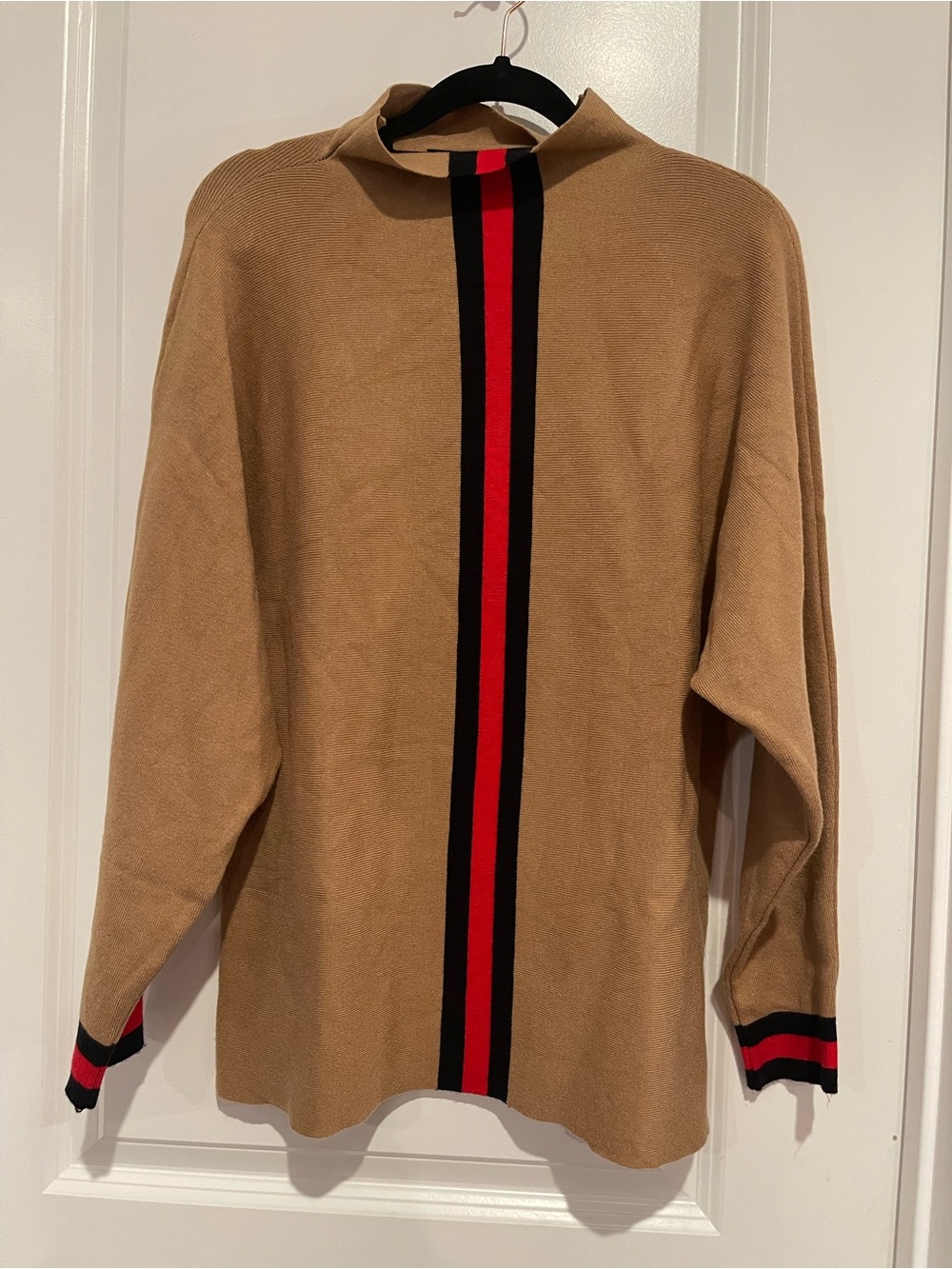 Camel Knit Cowl Sweater with Red and Black Stripe - Picture 2 of 3
